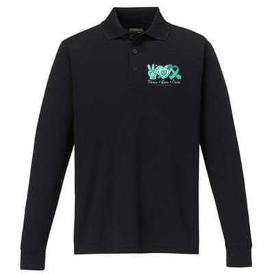 Groovy Peace Love Cure Teal Ribbon PTSD Awareness Performance Long Sleeve Polo