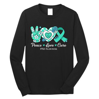 Groovy Peace Love Cure Teal Ribbon PTSD Awareness Long Sleeve Shirt