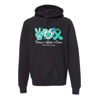 Groovy Peace Love Cure Teal Ribbon PTSD Awareness Premium Hoodie