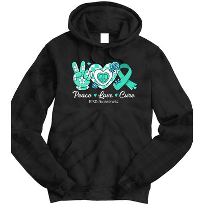 Groovy Peace Love Cure Teal Ribbon PTSD Awareness Tie Dye Hoodie