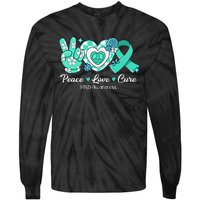 Groovy Peace Love Cure Teal Ribbon PTSD Awareness Tie-Dye Long Sleeve Shirt