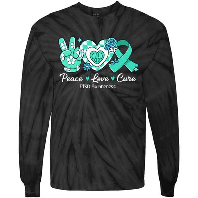 Groovy Peace Love Cure Teal Ribbon PTSD Awareness Tie-Dye Long Sleeve Shirt