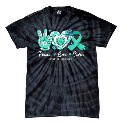 Groovy Peace Love Cure Teal Ribbon PTSD Awareness Tie-Dye T-Shirt