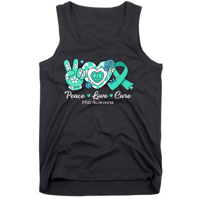 Groovy Peace Love Cure Teal Ribbon PTSD Awareness Tank Top