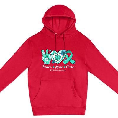 Groovy Peace Love Cure Teal Ribbon PTSD Awareness Premium Pullover Hoodie