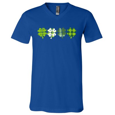 Green Plaid Leopard Shamrock Cute St Patricks Day Lucky Gift V-Neck T-Shirt