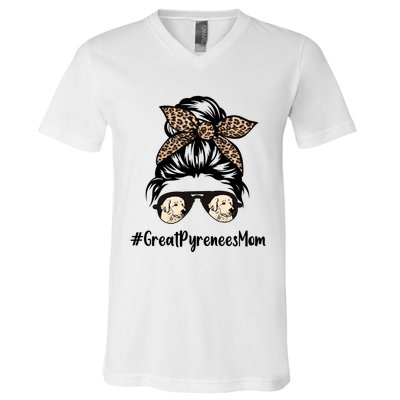 Great Pyrenees Mom Life Messy Bun Hair Leopard Bandana Gift V-Neck T-Shirt