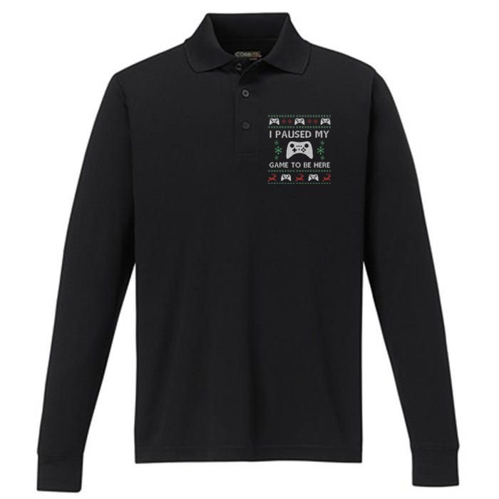 Gamer Paused My Game Ugly Christmas Sweater Performance Long Sleeve Polo