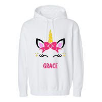 GRACE Personalized Name Pink Bow Unicorn Face Garment-Dyed Fleece Hoodie