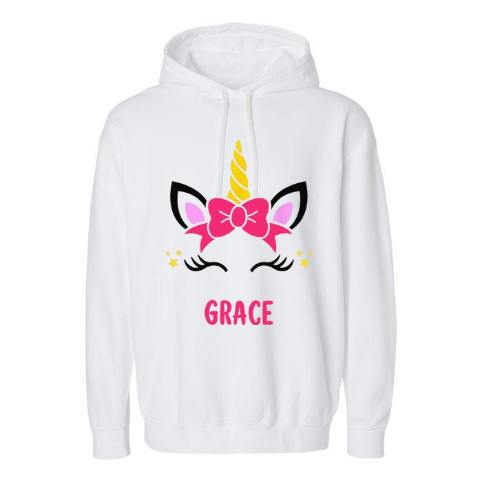 GRACE Personalized Name Pink Bow Unicorn Face Garment-Dyed Fleece Hoodie