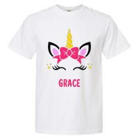 GRACE Personalized Name Pink Bow Unicorn Face Garment-Dyed Heavyweight T-Shirt