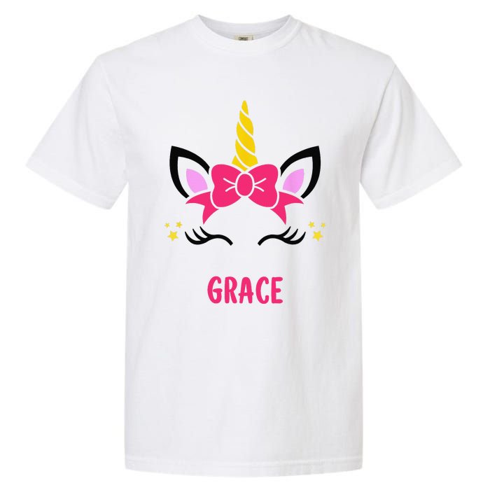 GRACE Personalized Name Pink Bow Unicorn Face Garment-Dyed Heavyweight T-Shirt