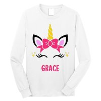 GRACE Personalized Name Pink Bow Unicorn Face Long Sleeve Shirt