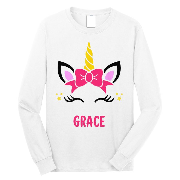 GRACE Personalized Name Pink Bow Unicorn Face Long Sleeve Shirt