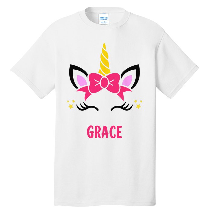 GRACE Personalized Name Pink Bow Unicorn Face Tall T-Shirt