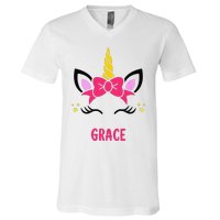 GRACE Personalized Name Pink Bow Unicorn Face V-Neck T-Shirt