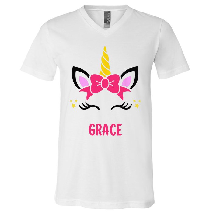 GRACE Personalized Name Pink Bow Unicorn Face V-Neck T-Shirt