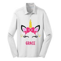 GRACE Personalized Name Pink Bow Unicorn Face Silk Touch Performance Long Sleeve Polo