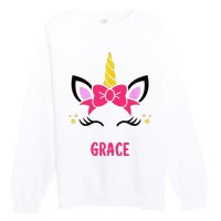 GRACE Personalized Name Pink Bow Unicorn Face Premium Crewneck Sweatshirt