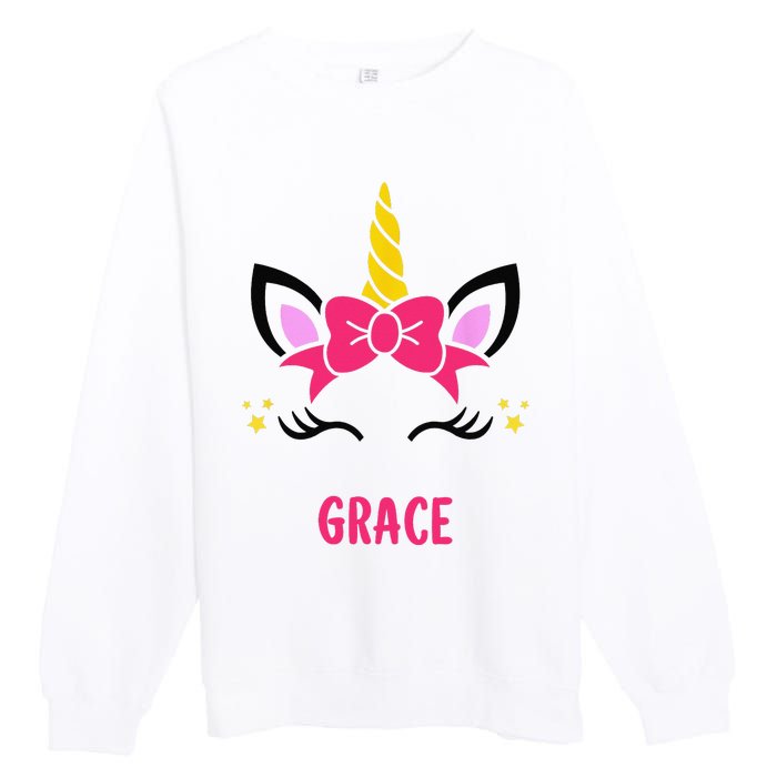 GRACE Personalized Name Pink Bow Unicorn Face Premium Crewneck Sweatshirt