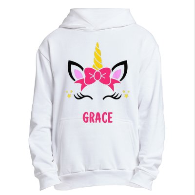 GRACE Personalized Name Pink Bow Unicorn Face Urban Pullover Hoodie