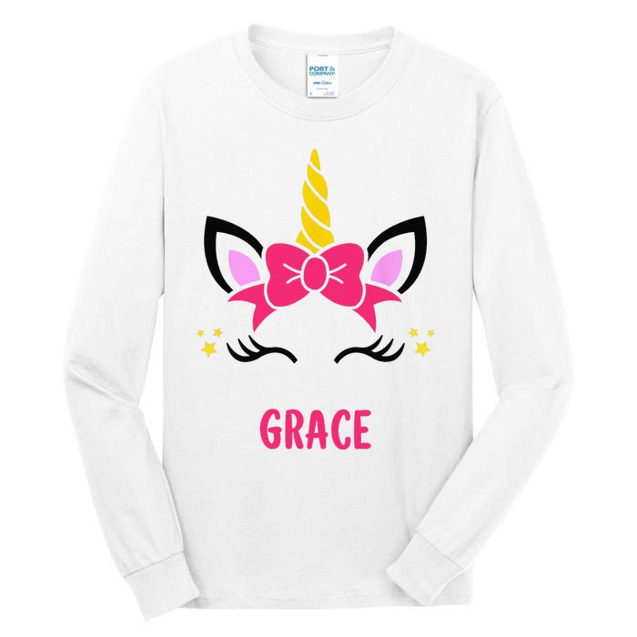 GRACE Personalized Name Pink Bow Unicorn Face Tall Long Sleeve T-Shirt