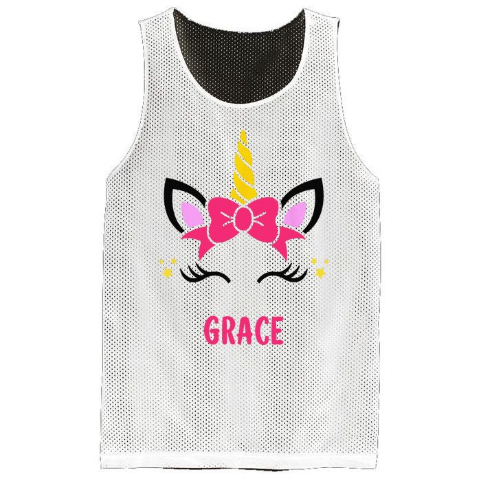 GRACE Personalized Name Pink Bow Unicorn Face Mesh Reversible Basketball Jersey Tank