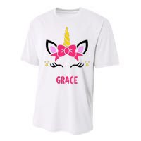 GRACE Personalized Name Pink Bow Unicorn Face Performance Sprint T-Shirt