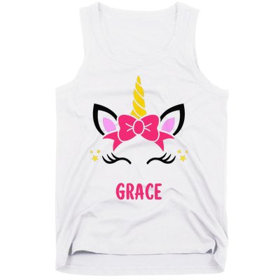 GRACE Personalized Name Pink Bow Unicorn Face Tank Top