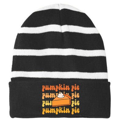 Groovy Pumpkin Pie Retro Thanksgiving Striped Beanie with Solid Band