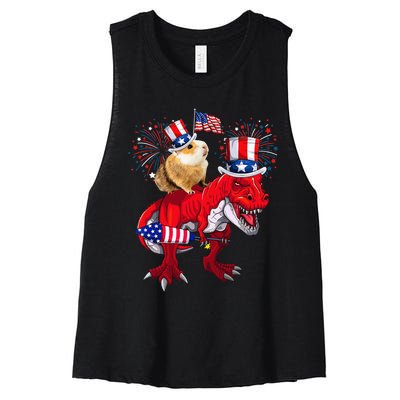 Guinea Pig Ridding T Rex 4th Of July Fireworks Lover Family Women's Racerback Cropped Tank