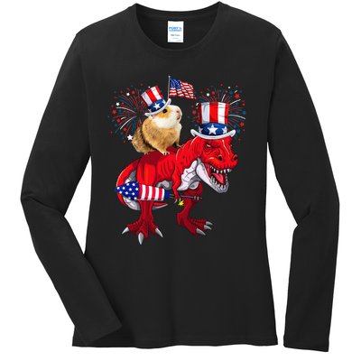 Guinea Pig Ridding T Rex 4th Of July Fireworks Lover Family Ladies Long Sleeve Shirt