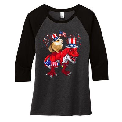 Guinea Pig Ridding T Rex 4th Of July Fireworks Lover Family Women's Tri-Blend 3/4-Sleeve Raglan Shirt