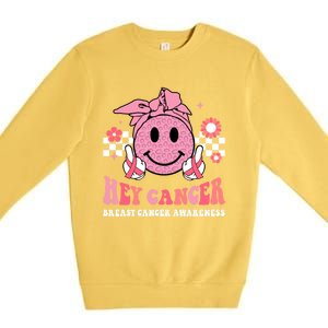 Groovy Pink Ribbon Breast Cancer Warrior Hey Cancer Fighting Gift Premium Crewneck Sweatshirt