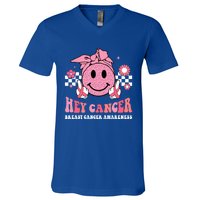 Groovy Pink Ribbon Breast Cancer Warrior Hey Cancer Fighting Gift V-Neck T-Shirt