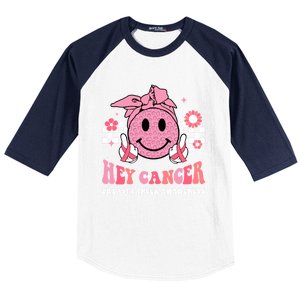 Groovy Pink Ribbon Breast Cancer Warrior Hey Cancer Fighting Gift Baseball Sleeve Shirt