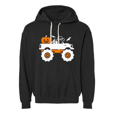 Ghost Pumpkin Riding Monster Truck Lazy Halloween Costume Garment-Dyed Fleece Hoodie