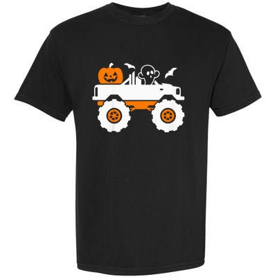 Ghost Pumpkin Riding Monster Truck Lazy Halloween Costume Garment-Dyed Heavyweight T-Shirt