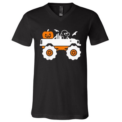 Ghost Pumpkin Riding Monster Truck Lazy Halloween Costume V-Neck T-Shirt