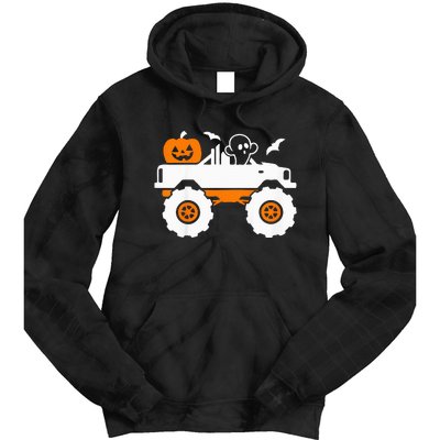 Ghost Pumpkin Riding Monster Truck Lazy Halloween Costume Tie Dye Hoodie