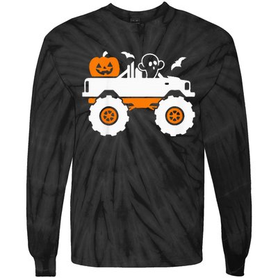 Ghost Pumpkin Riding Monster Truck Lazy Halloween Costume Tie-Dye Long Sleeve Shirt