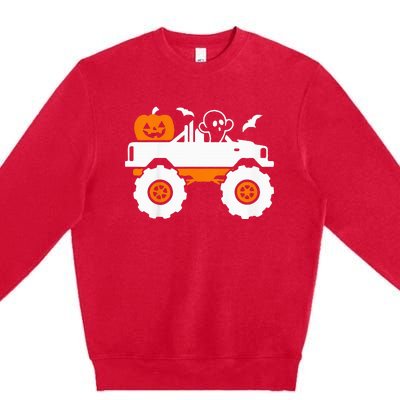 Ghost Pumpkin Riding Monster Truck Lazy Halloween Costume Premium Crewneck Sweatshirt