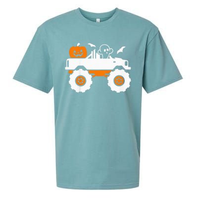 Ghost Pumpkin Riding Monster Truck Lazy Halloween Costume Sueded Cloud Jersey T-Shirt