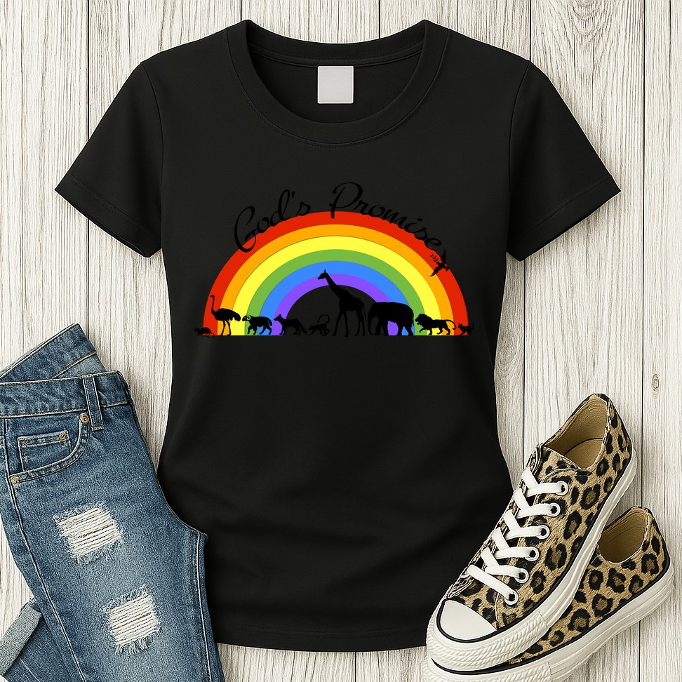 God's Promise Rainbow, Animals Of Noah's Ark Womens T-Shirt