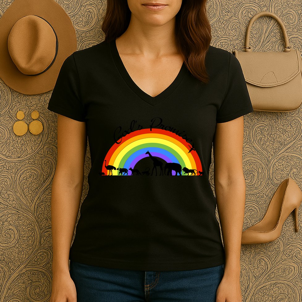 God's Promise Rainbow, Animals Of Noah's Ark Women's V-Neck T-Shirt