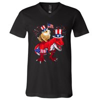 Guinea Pig Ridding TRex 4th Of July Fireworks Lover Family V-Neck T-Shirt