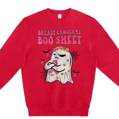 Groovy Pink Ribbon Mom Breast Cancer Is Boo Sheet Halloween Premium Crewneck Sweatshirt