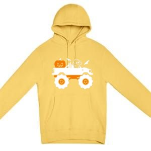 Ghost Pumpkin Riding Monster Truck Lazy Halloween Costume Gift Premium Pullover Hoodie