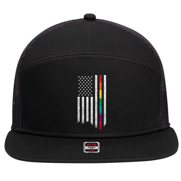 Thin Line Rainbow American Flag 7 Panel Mesh Trucker Snapback Hat