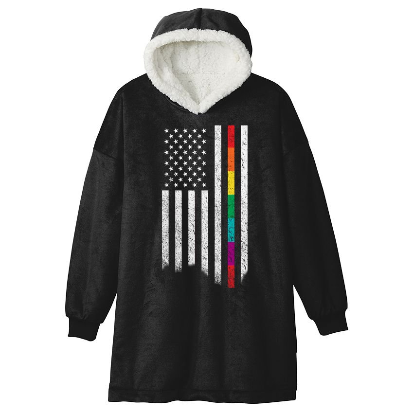 Thin Line Rainbow American Flag Hooded Wearable Blanket
